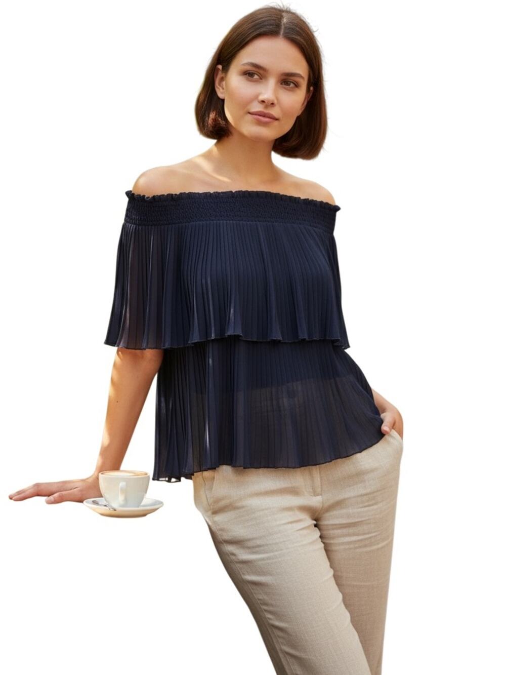 idem ditto Off-Shoulder Top Size M Pleated Blouse Navy Blue Going Out Date Night